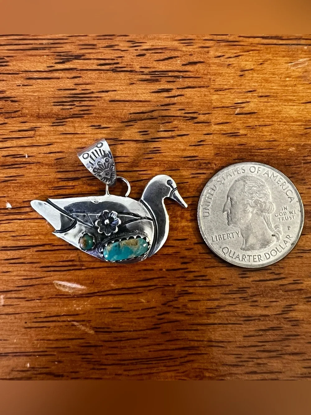 Sterling Silver Kingman Turquoise Duck Pendant - Picture 9 of 10